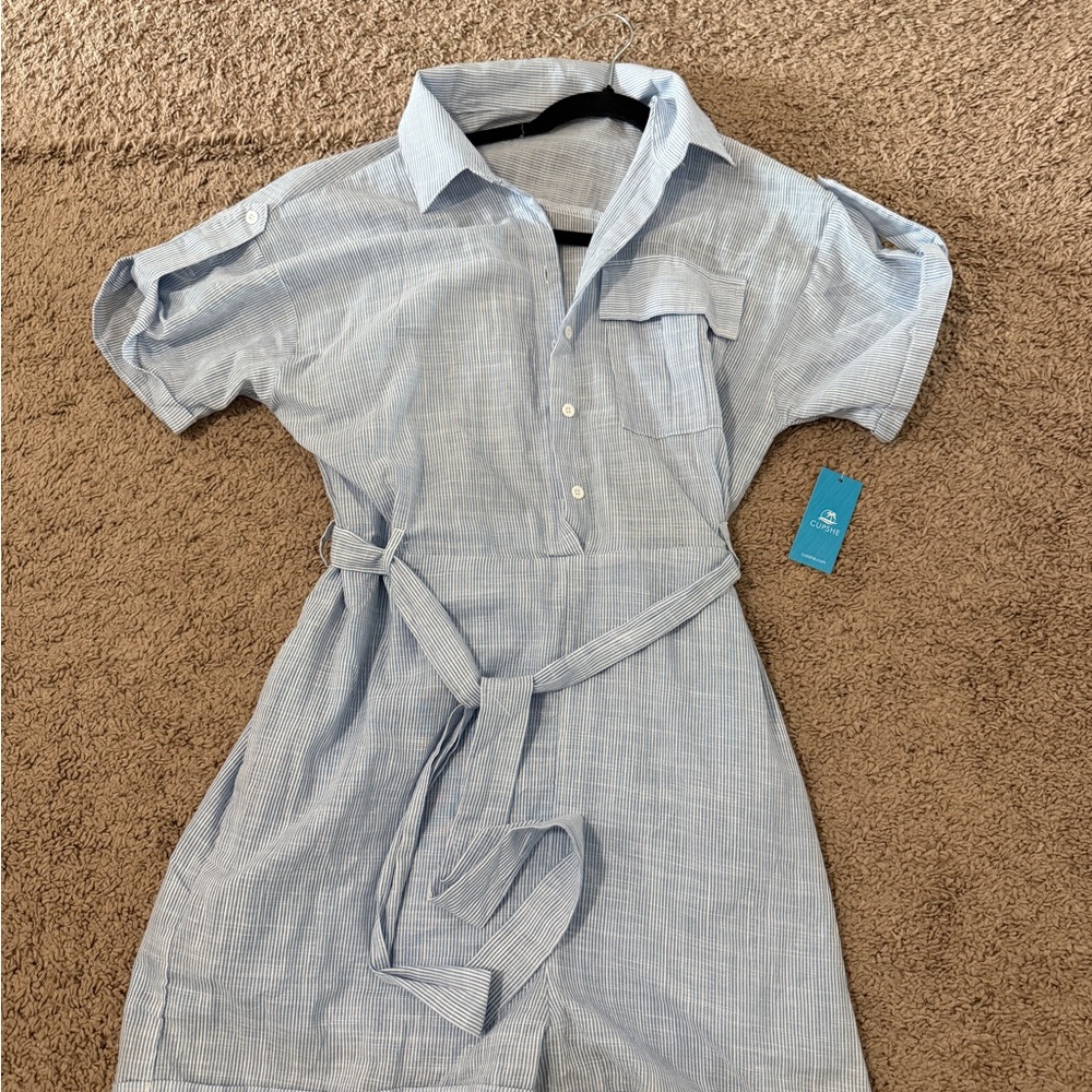 CUPSHE Blue Short Sleeve Belted Romper